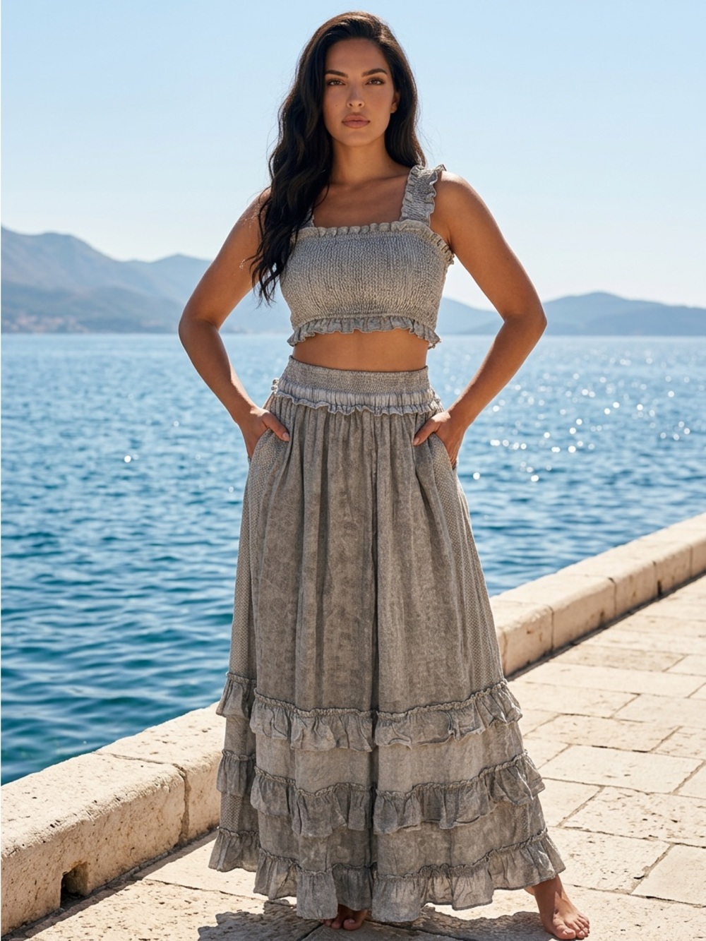 Smocked Waist Ruffle Maxi Skirt — Gray
